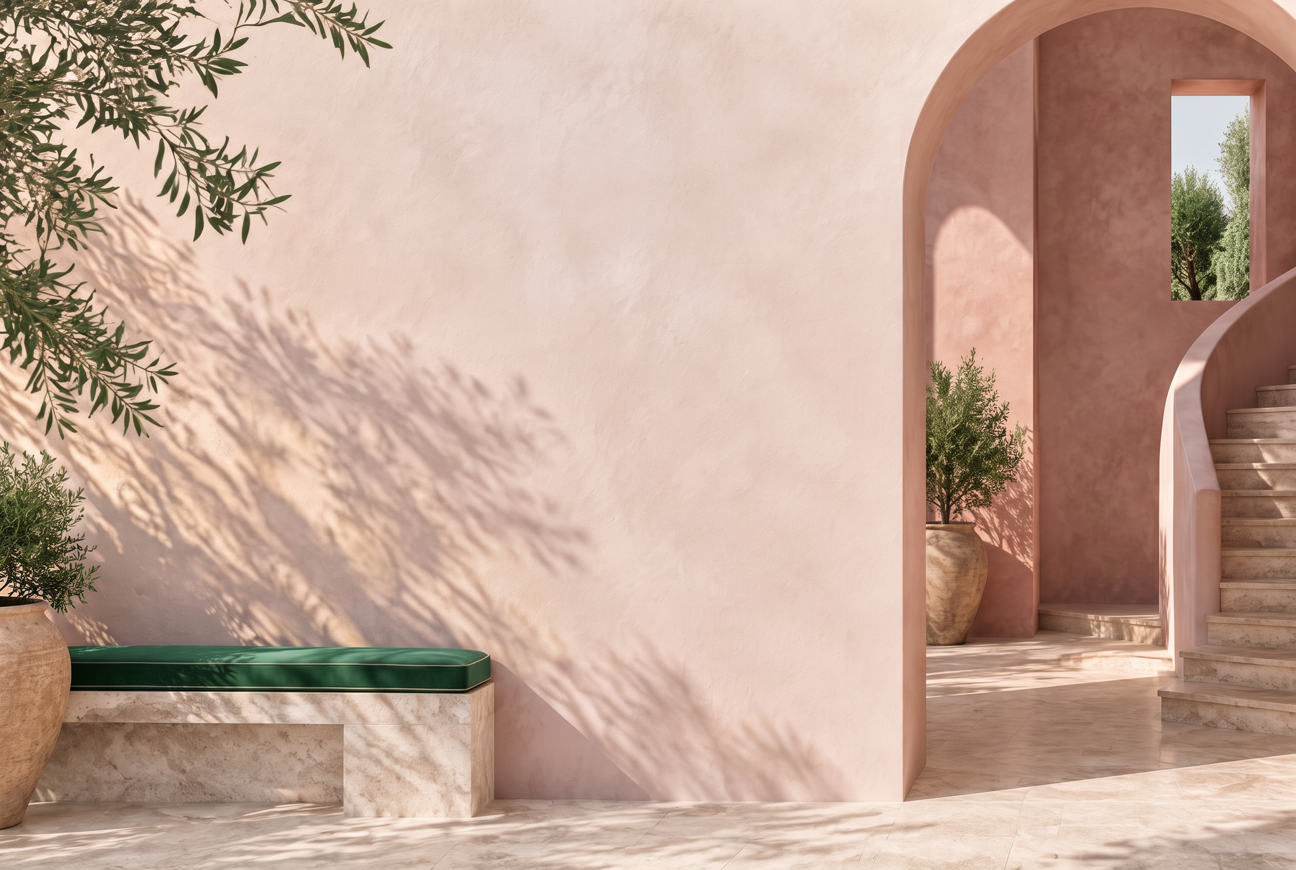 Sunlit ivory courtyard with a softly arched doorway and stone staircase