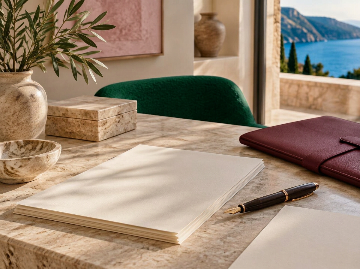 Fine ivory paper, a fountain pen and leather folio on a sunlit travertine desk