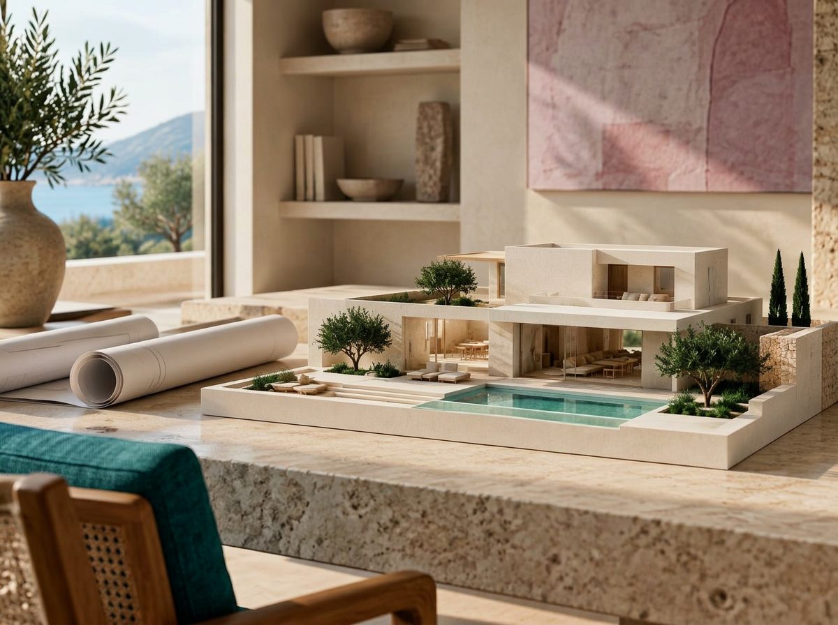 Architectural residence model and rolled drawings on a travertine table