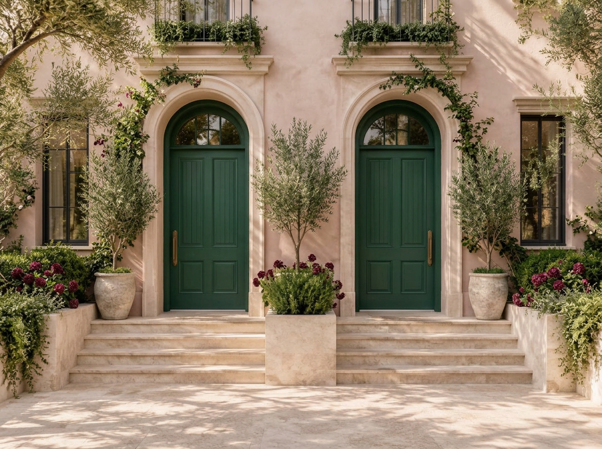 Blush plaster duplex with two emerald front doors, olive greenery and burgundy flowers